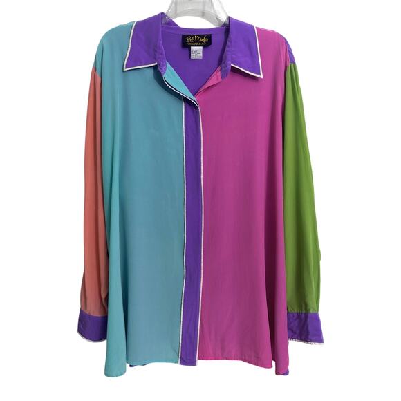 Bob Mackie Wearable Art VTG 100% Silk Color  Block Button Down Shirt Blouse 2X - Picture 1 of 9